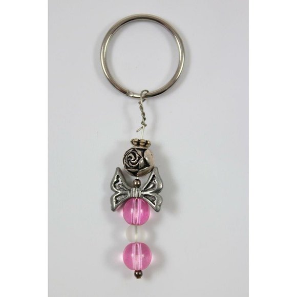 Key Ring Purse Charm Silver-Tone Pink Beads Rosebud Butterfly/Bow Angel Handmade - Picture 2 of 2